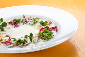 Summer yoghurt cold soup with radish, cucumber and dill. Okroshka.