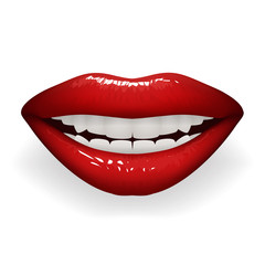 Red glossy lips female smile mouth teeth stylish women lipstick fashion cosmetics mockup isolated on white design vector illustration