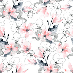 Seamless pattern with flowers and snakes. Pink magnolia flowers, gray and black branches and leaves.