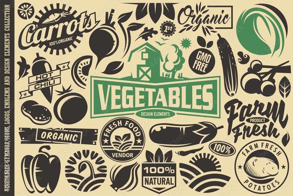 Wall mural Vegetables design elements and symbols, Farming related graphics, logos and icons. Bulk collection of vector vegetables, farm products, fresh food items and emblems. 