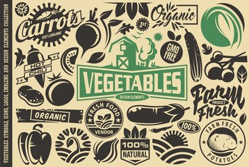 Vegetables design elements and symbols, Farming related graphics, logos and icons. Bulk collection of vector vegetables, farm products, fresh food items and emblems. 
