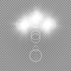 Glowing white Christian cross with sun flare. Vector illustration isolated over transparent background. Shining easter symbol of resurrection in the sky