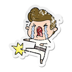 distressed sticker of a cartoon crying man
