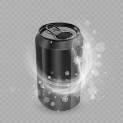 Template for Drink package design, Aluminum can of Black color, Ice drink metallic can. Realistic Vector illustration