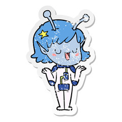 distressed sticker of a happy alien girl cartoon