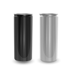 Set of Aluminum cans of Black and Silver colors, isolated on white background. The image of the empty layout for your design, 3D vector Illustration