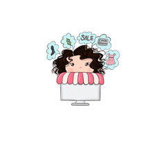 Brunette Hair Online Shopping Girl Isolated On A White Background Sale Money Hand Drawn Illustration