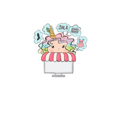 Unicorn Online Shopping Girl Isolated On A White Background Sale Money Hand Drawn Illustration