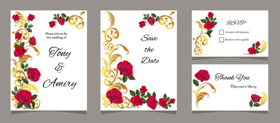 Greeting card with red roses, for invitation, wedding, birthday and other holiday and summer background- Vector