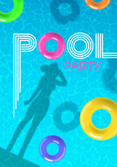 Fototapeta premium pool party poster with woman shadow silhouette swimming rings on water surface