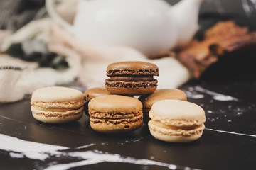 Coffee, chocolate and vanilla macarons