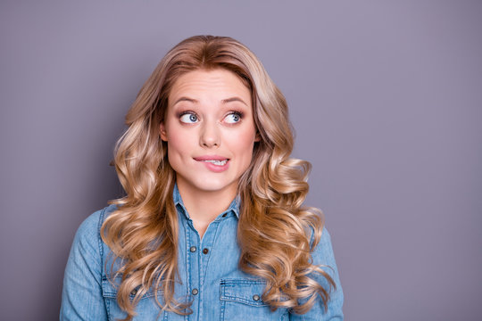 Close up photo funky amazing beautiful she her lady look up empty space oops I did it again speechless feel sorry wearing casual jeans denim shirt clothes outfit isolated grey background