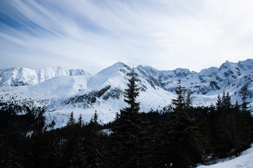 Landscape view of mountain tops in the Zakopane and in Poland area covered with fresh snow during a sunny day