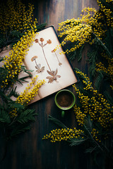 mimosa flowers frame, acacia, herbarium and coffee, dark background, copy space