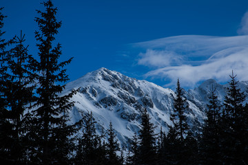 Obraz premium View on top of the mountains in the Zakopane area in Poland covered with fresh snow on the day with blue sky