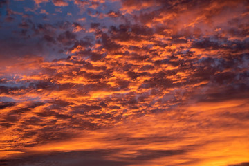 A majestic and awe-inspiration combination of deep blue sky and fiery orange and yellow clouds at sunset.