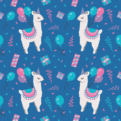 Seamless pattern with cartoon Alpaca or Llama animals with birthday balloons, confetti and gift boxes on blue bacground © Firn