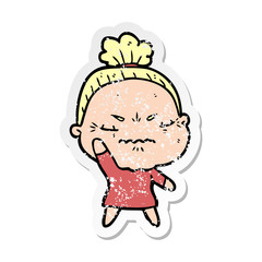distressed sticker of a cartoon annoyed old lady