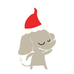 flat color illustration of a smiling elephant wearing santa hat