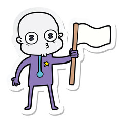 sticker of a cartoon weird bald spaceman with flag