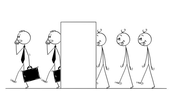 Cartoon stick figure drawing conceptual illustration of line of mad and dull men transforming in to modern businessman or gentlemen.