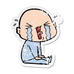 distressed sticker of a cartoon crying bald man