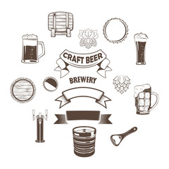 Set of elements for craft beer emblems, monochrome icons isolated on white background, vector
