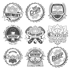 Set of nine Craft beer badge,monochrome style, vector