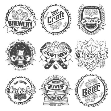 Set of nine Craft beer badge,monochrome style, vector