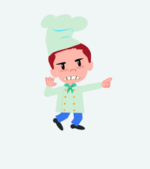 Chef points angrily to his left.