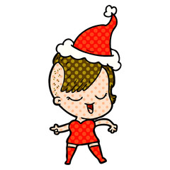 happy comic book style illustration of a girl wearing santa hat