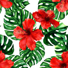 Tropical palm leaves and hibiscus flowers, summer colorful hawaiian seamless pattern wallpaper, summer print design, hand drawn watercolor illustration on white background