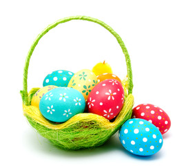 Perfect colorful handmade easter eggs in the basket isolated