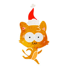 retro cartoon of a surprised cat running wearing santa hat