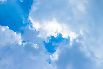 Blue sky and white clouds blue sky on a bright day with white clouds coming in floating come to cover sun causes a white beam causing beauty in the sky.