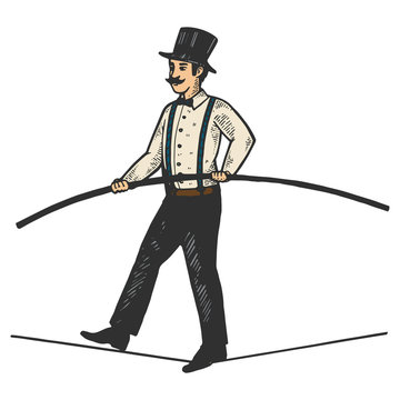 Man circus ropewalker color sketch engraving vector illustration. Scratch board style imitation. Black and white hand drawn image.