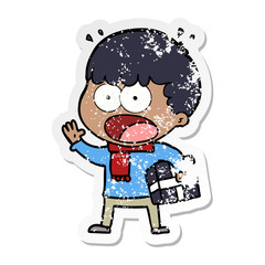 distressed sticker of a cartoon shocked man with gift