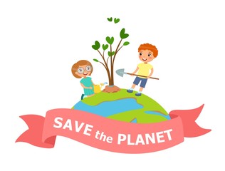 Obraz na płótnie Canvas Cartoon boy and girl planting and watering tree. Save the planet - Earth Day concept vector Illustration.
