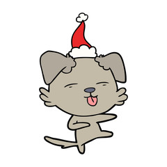 line drawing of a dog dancing wearing santa hat