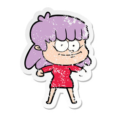 distressed sticker of a cartoon smiling woman