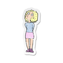 retro distressed sticker of a cartoon curious woman