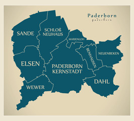 Fototapeta na wymiar Modern City Map - Paderborn city of Germany with boroughs and titles DE