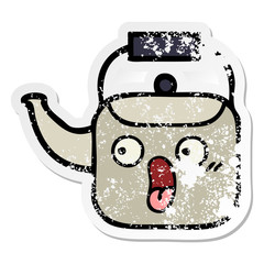 distressed sticker of a cute cartoon kettle