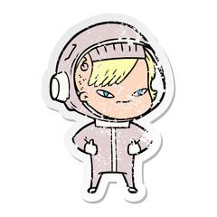 distressed sticker of a cartoon astronaut woman
