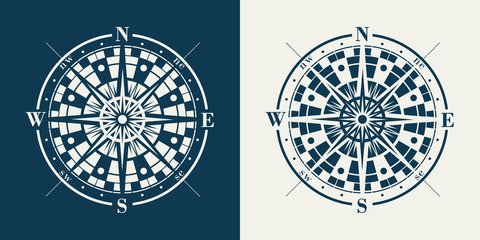 Set of isolated marine wind roses silhouettes. Compass vector navigation label illustrations.