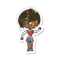 retro distressed sticker of a cartoon waving woman
