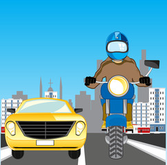 Motorcycle and car go on town road