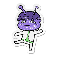 distressed sticker of a friendly cartoon spaceman dancing