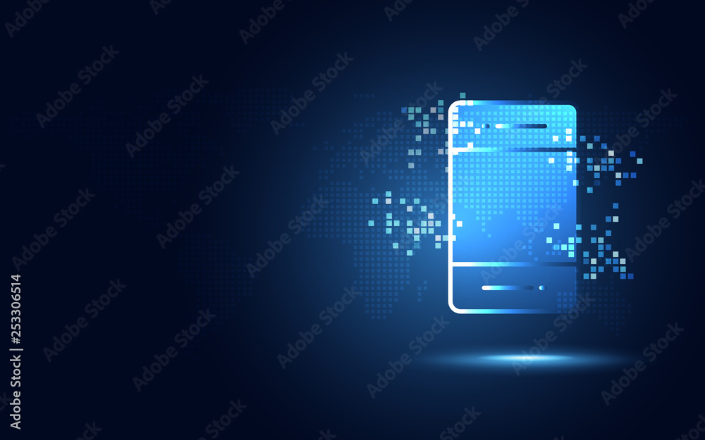 Wall mural futuristic blue smartphone with pixels abstract technology background. artificial intelligence digit