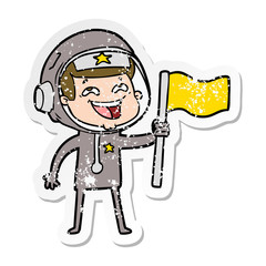 distressed sticker of a cartoon laughing astronaut waving flag